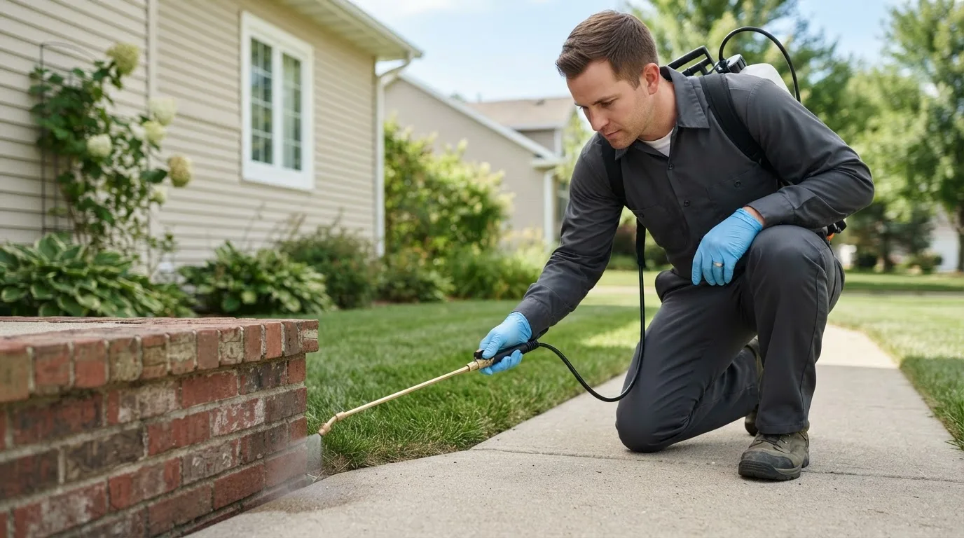 Pest control technician treating a home near Cannon Falls, MN